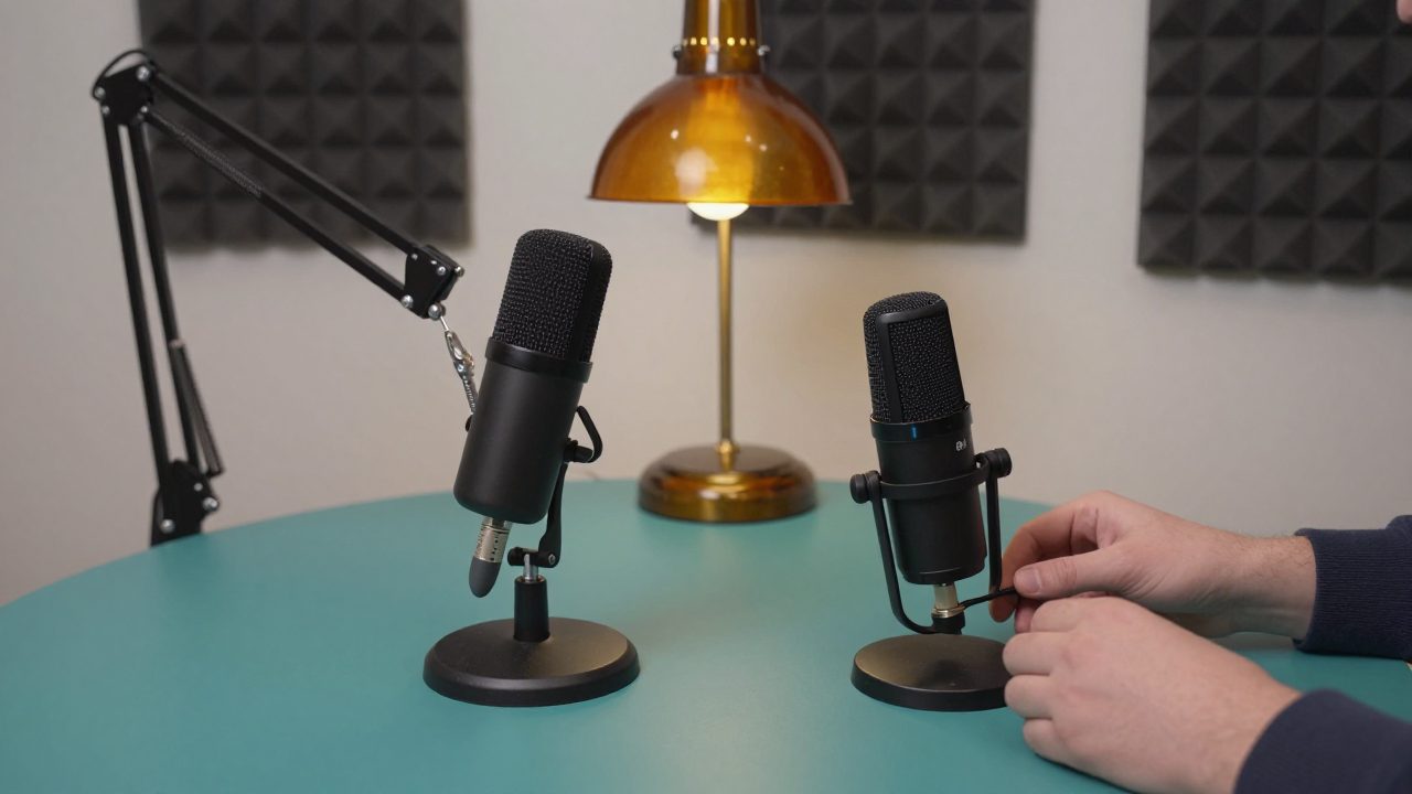 Twee verschillende podcastmicrofoons op een tafel in de studio.