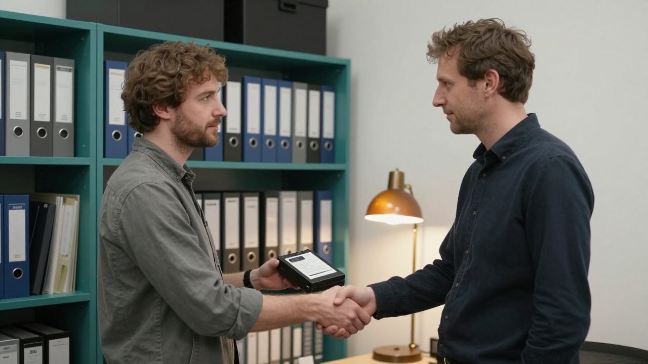 Studio-manager overhandigt een harde schijf aan een artiest.