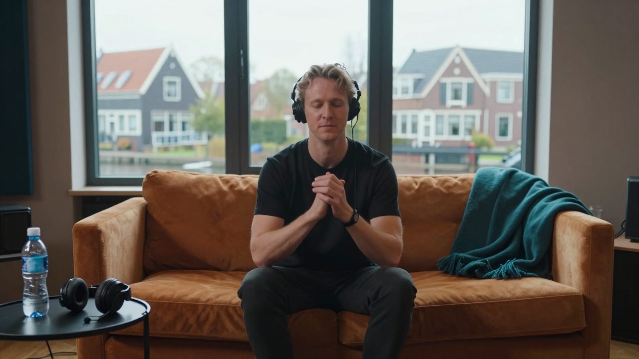 Zangeres doet stemwarming in een rustige studio-lounge.