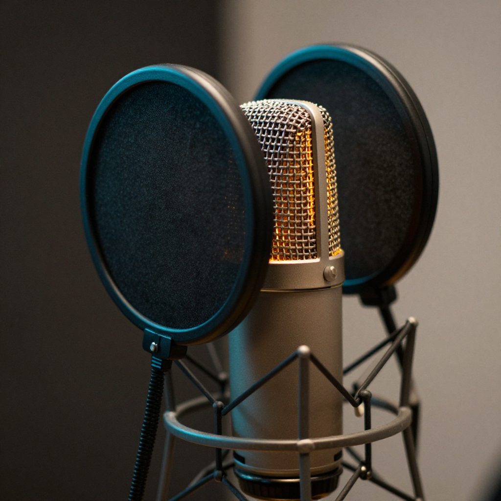 Close-up van een zangmicrofoon met popfilter in de booth.