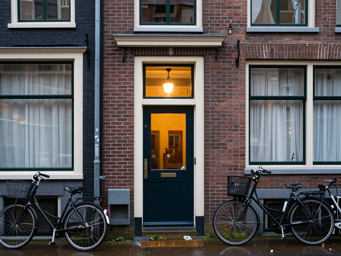 Straatgevel met ingang van de opnamestudio en fietsen ervoor.
