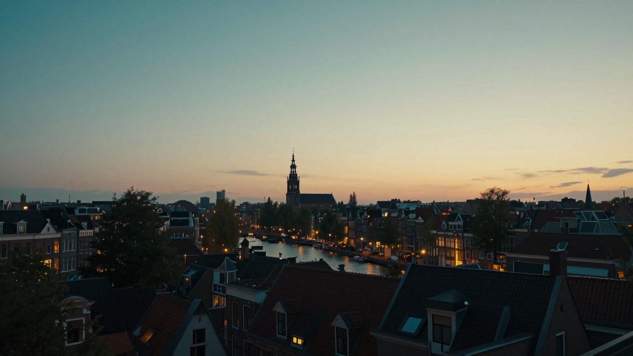 Avondzicht over daken en toren in Amsterdam-Oost.
