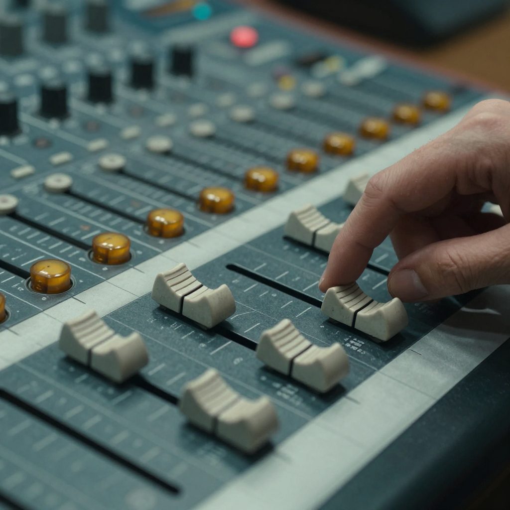 Close-up van faders en knoppen op een mengtafel.