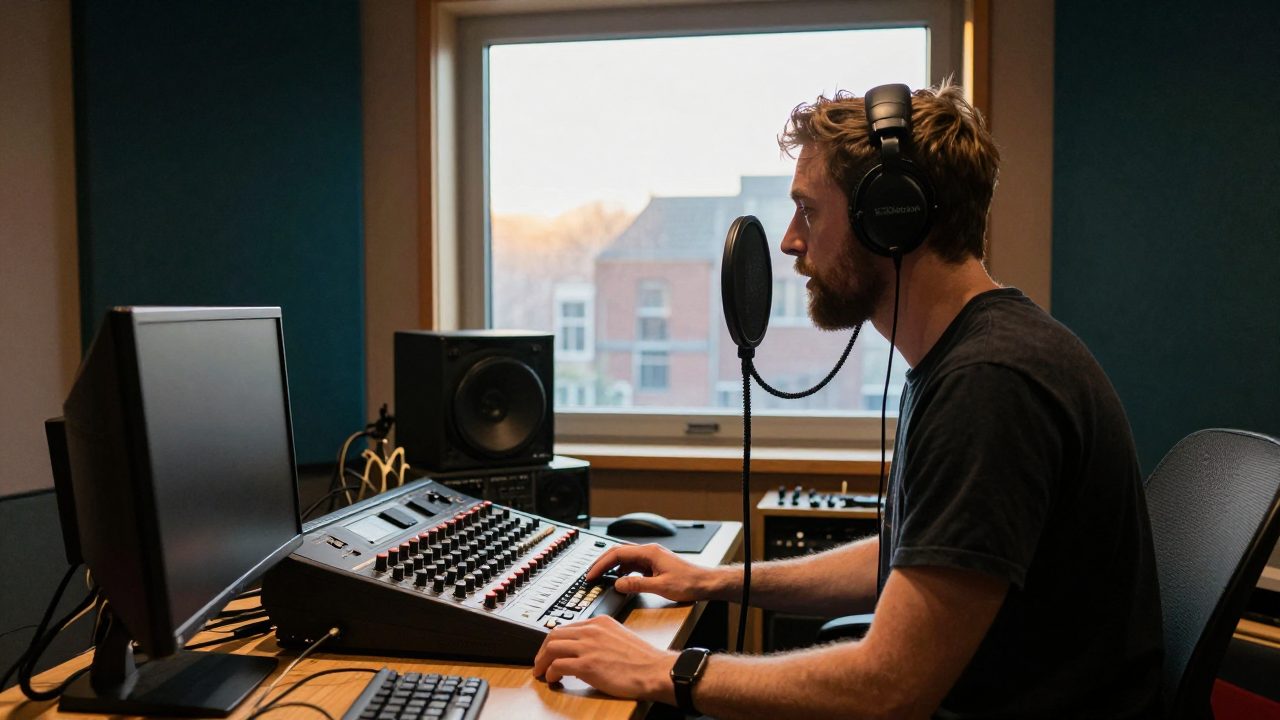 Zangeres en engineer in een warm verlichte opnamestudio in Amsterdam.