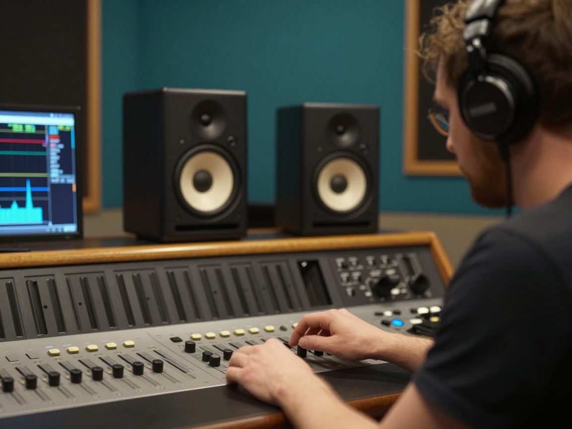 Mastering-engineer met koptelefoon tussen twee studiomonitors.