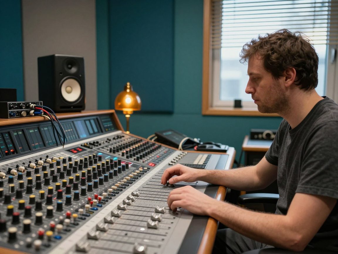 Mix-engineer aan een mengtafel met monitors en outboard in de studio.