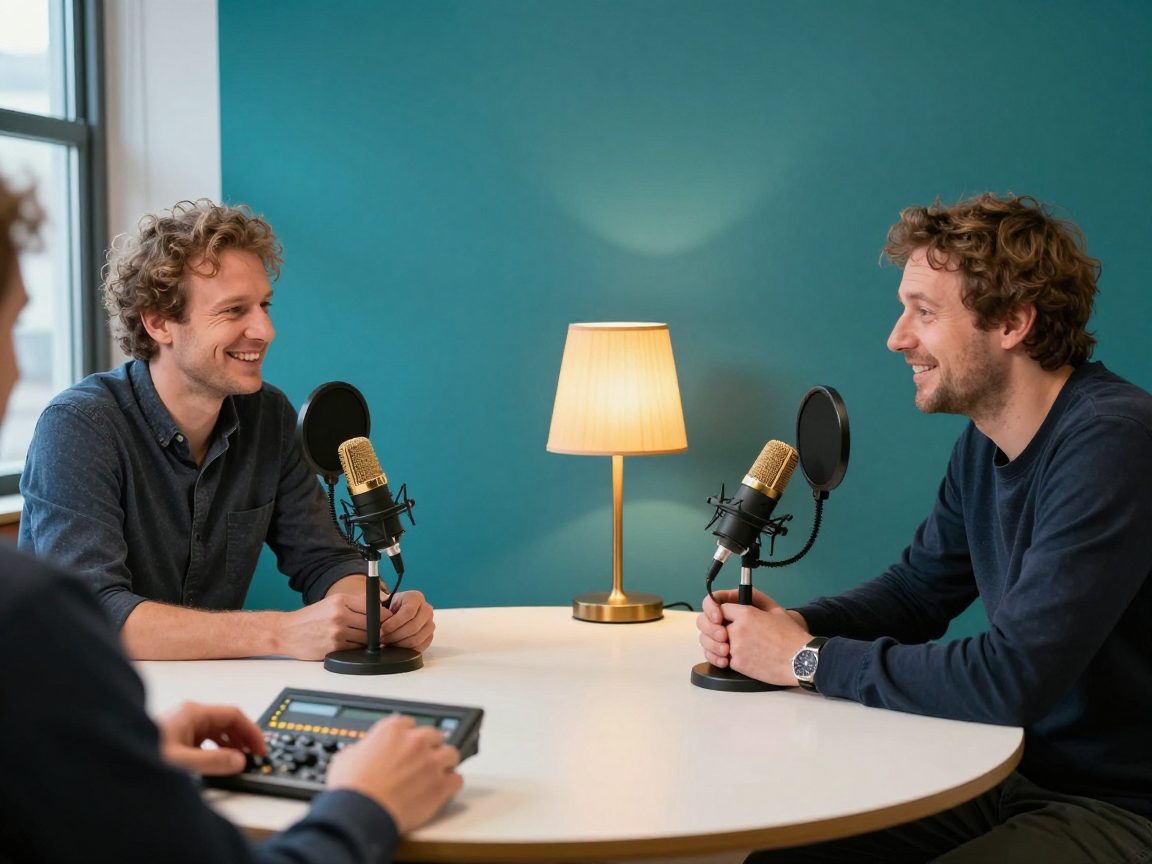 Twee podcastmakers aan een tafel met microfoons in de studio.