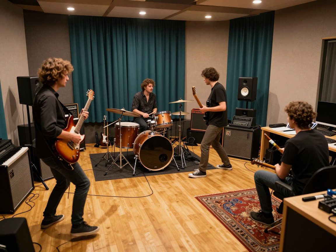 Band die repeteert in een live room met drums en gitaren.