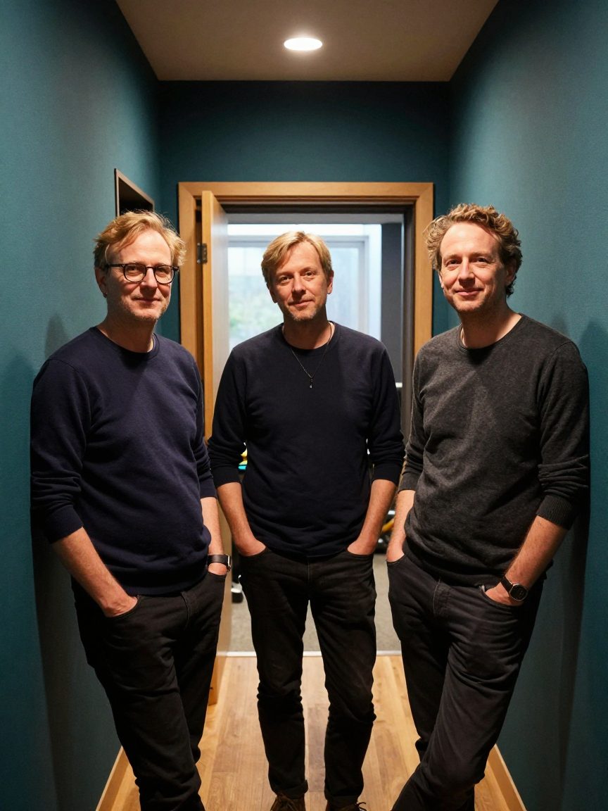 Drie teamleden van de studio in een gang met warm licht.