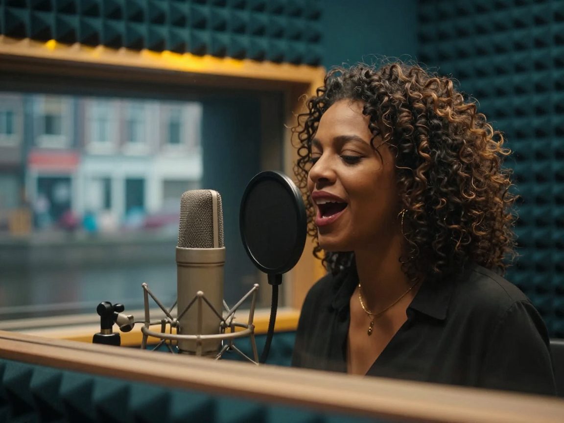 Zanger in een vocal booth met microfoon en engineer achter glas.